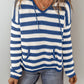 Blue Stripe V Neck Pocketed Drawstring Hooded Sweater