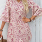 Pink Paisley Print Tiered 3/4 Sleeve Notched Neck Mini Dress