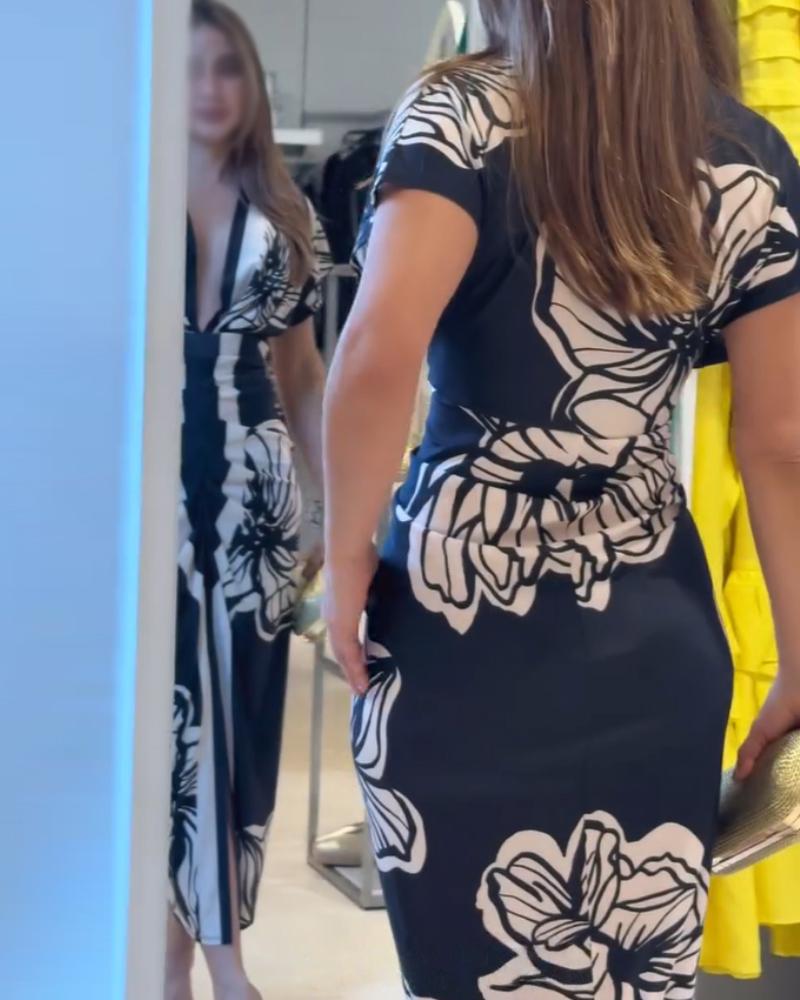 Floral Print V Neck Short Sleeve Ruched Dress Casual Waist Slit Midi Dress