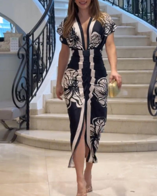 Floral Print V Neck Short Sleeve Ruched Dress Casual Waist Slit Midi Dress