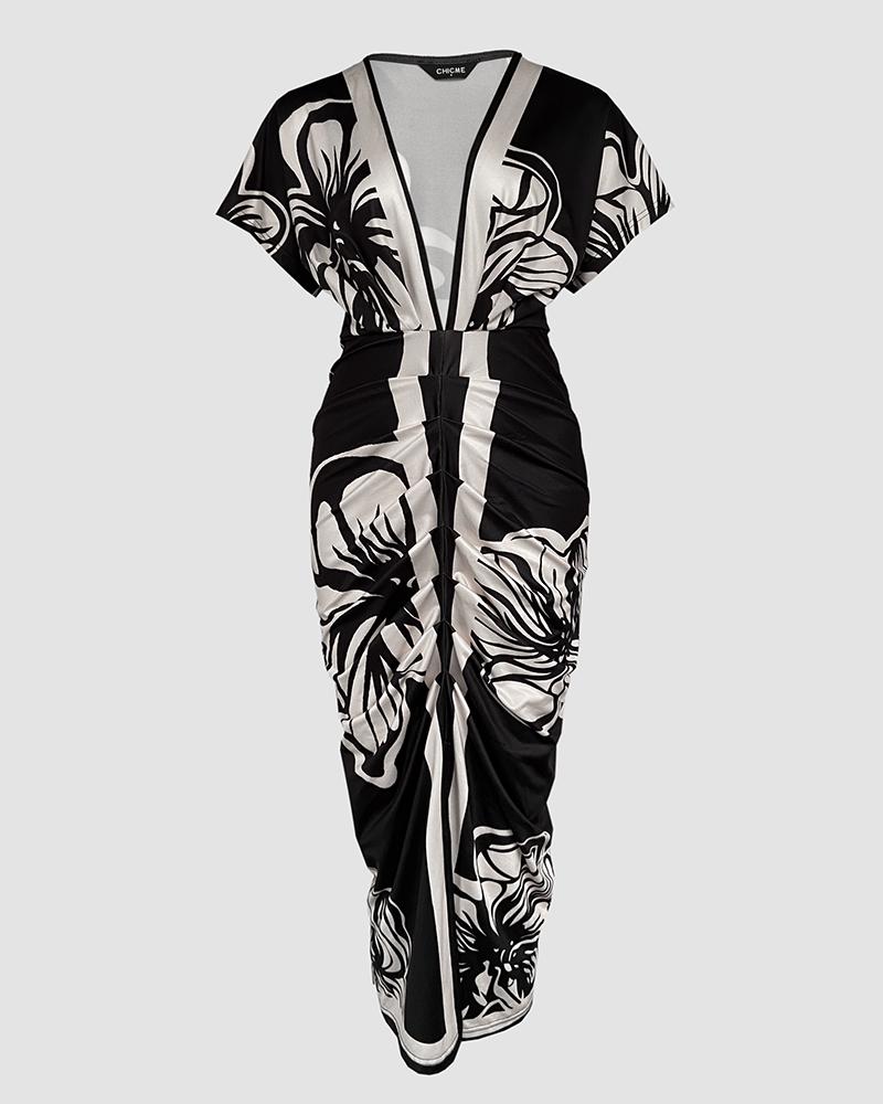 Floral Print V Neck Short Sleeve Ruched Dress Casual Waist Slit Midi Dress