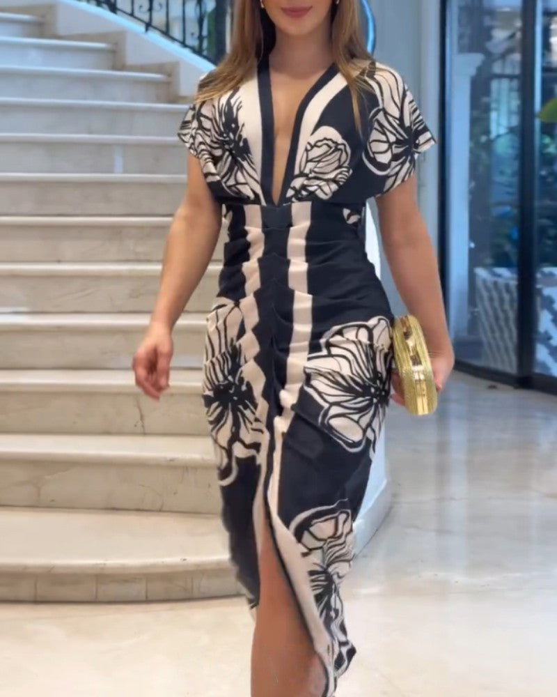 Floral Print V Neck Short Sleeve Ruched Dress Casual Waist Slit Midi Dress