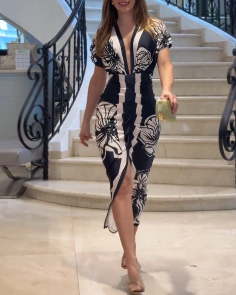 Floral Print V Neck Short Sleeve Ruched Dress Casual Waist Slit Midi Dress