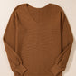 Camel Ribbed Knit Drop Sleeve V Neck Loose Fit Sweater