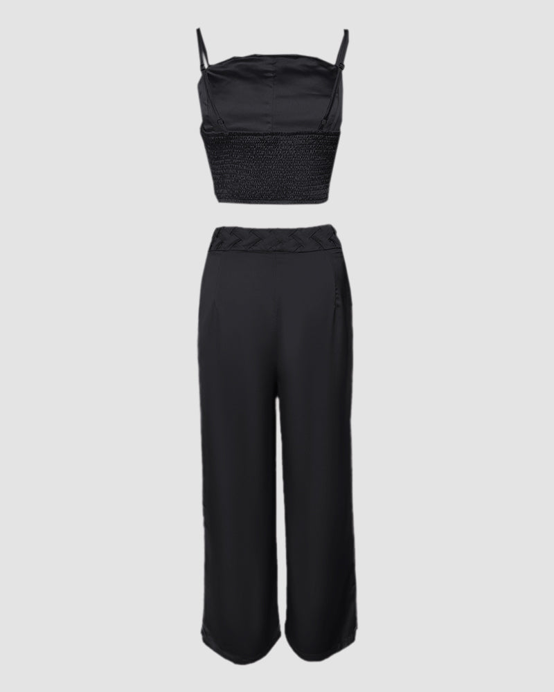 2 Pieces Outfit Weaving Textured Spaghetti Strap Crop Top and Casual Wide Leg Pants Set