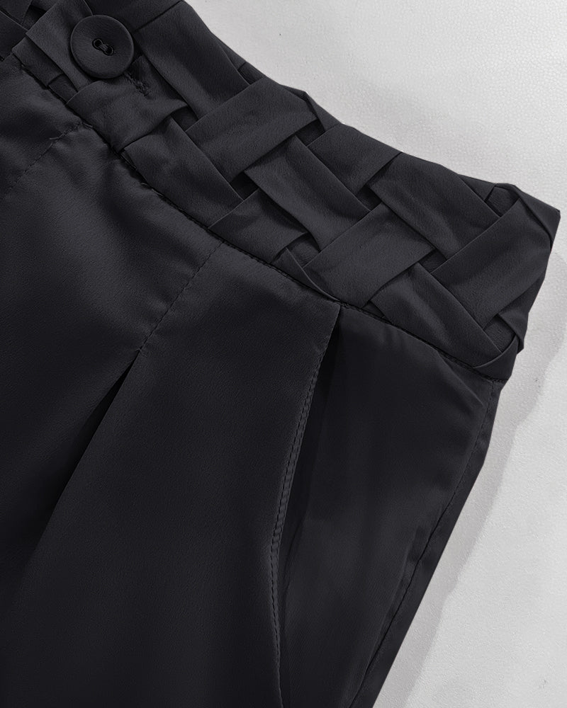 2 Pieces Outfit Weaving Textured Spaghetti Strap Crop Top and Casual Wide Leg Pants Set