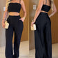 2 Pieces Outfit Weaving Textured Spaghetti Strap Crop Top and Casual Wide Leg Pants Set