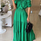 Off Shoulder Short Sleeve Frill Hem Lace Up Dress Casual Strechy Waist Flared Maxi Dress