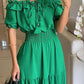 Off Shoulder Short Sleeve Frill Hem Lace Up Dress Casual Strechy Waist Flared Maxi Dress