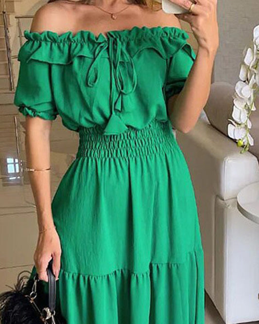 Off Shoulder Short Sleeve Frill Hem Lace Up Dress Casual Strechy Waist Flared Maxi Dress