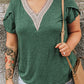 Blackish Green Plus Size Embroidery V Neck Draped Sleeve Blouse