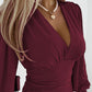 Plunge Neck Lantern Sleeve Ruched Long Sleeve Blouse Top