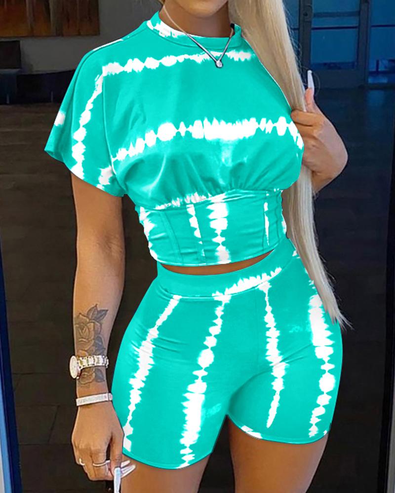 Tie Dye Print Corset Design Crop Top & Shorts Set