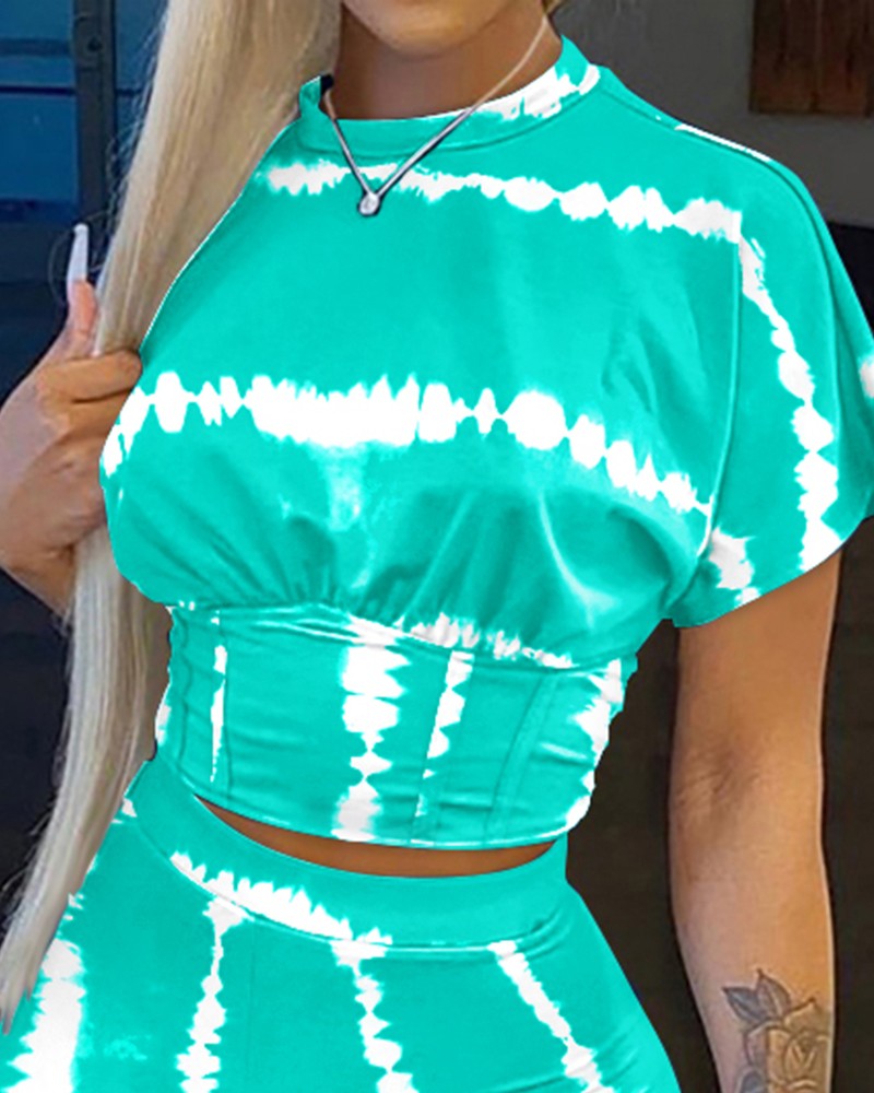 Tie Dye Print Corset Design Crop Top & Shorts Set