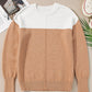 Straw Yellow Colorblock Ribbed Trim Round Neck Sweater