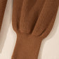 Camel Ribbed Knit Drop Sleeve V Neck Loose Fit Sweater