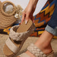 Light French Beige Woven Suede Band Wedge Slippers