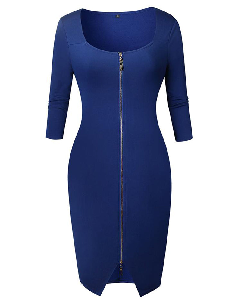 Square Neck Half Sleeve Full Front Zip Split Slim Fit Bodycon Dress