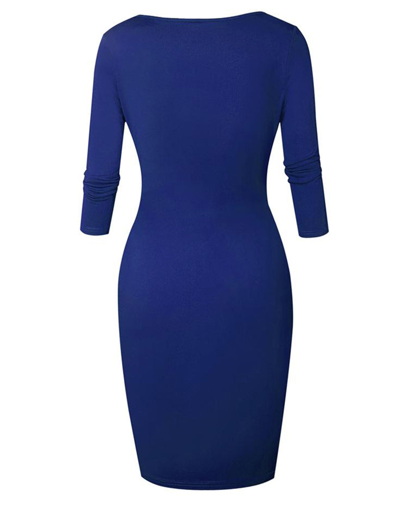 Square Neck Half Sleeve Full Front Zip Split Slim Fit Bodycon Dress