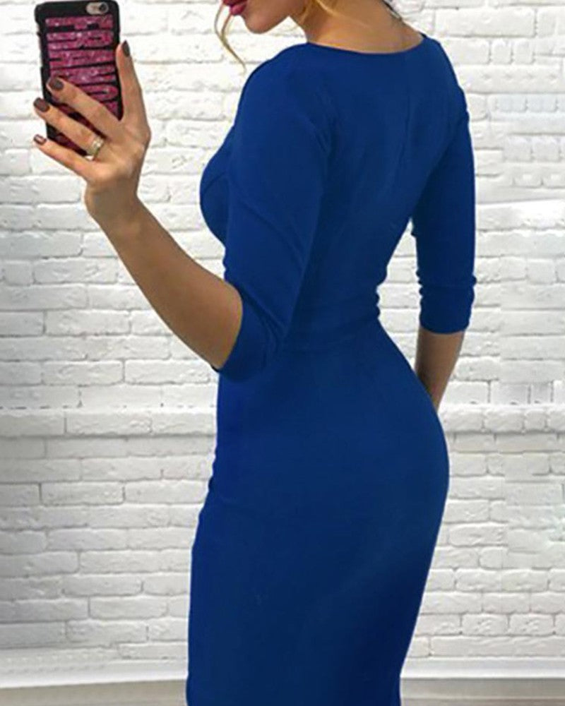 Square Neck Half Sleeve Full Front Zip Split Slim Fit Bodycon Dress