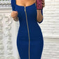 Square Neck Half Sleeve Full Front Zip Split Slim Fit Bodycon Dress