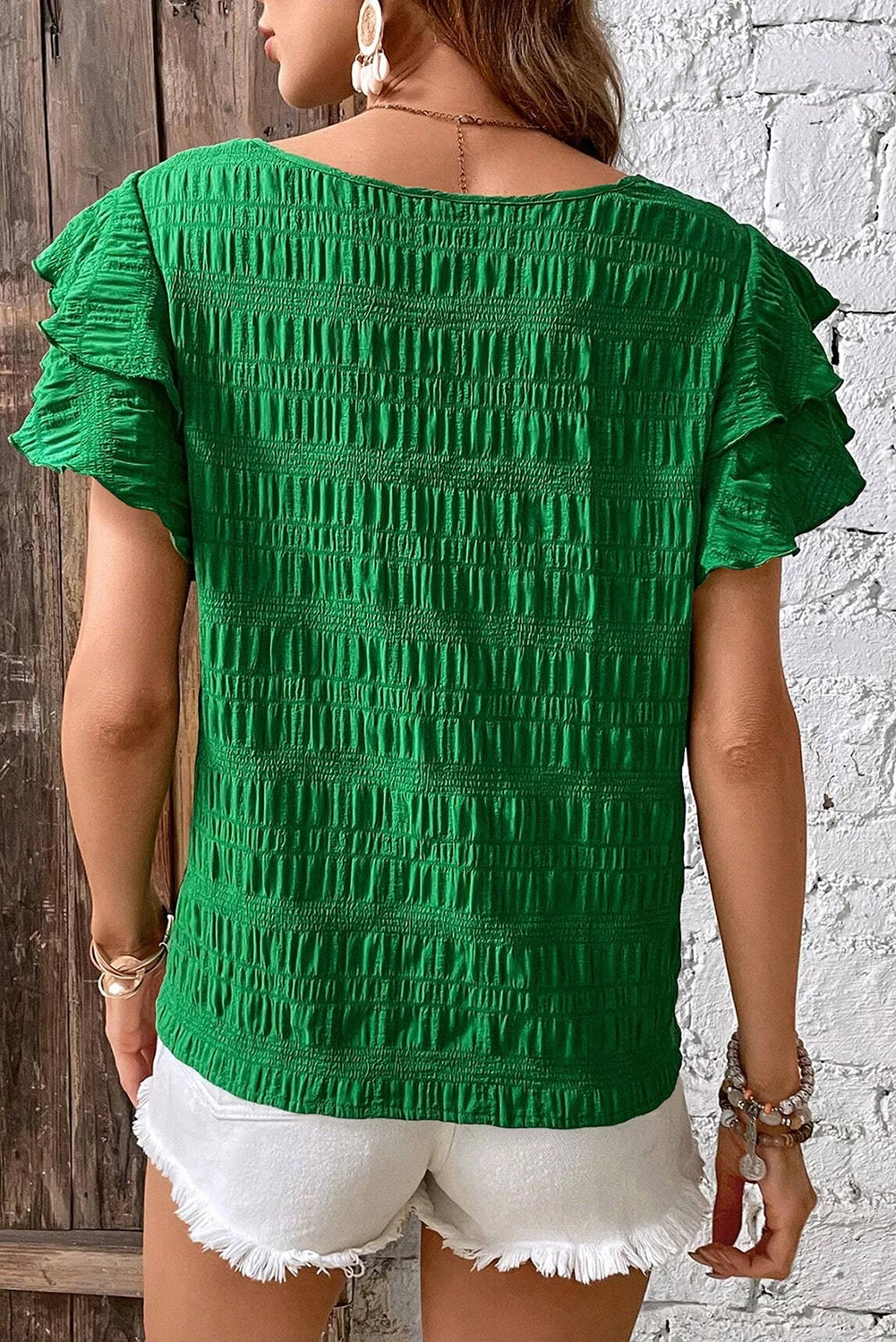 Dark Green Textured Ruffled Sleeve Round Neck Top