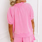 Pink Half Zip Puff Sleeve Top and Ruffled Shorts Set