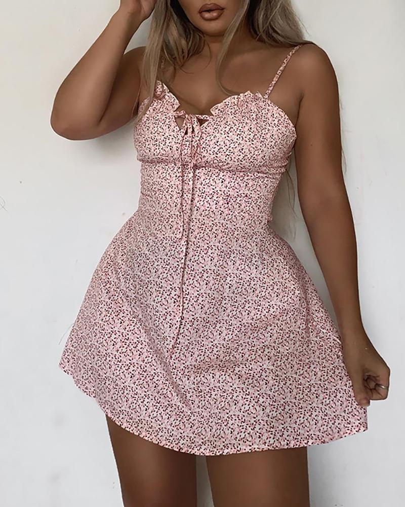 Ditsy Floral  Print Frill Hem Tie Front Dress