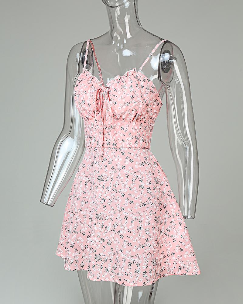 Ditsy Floral  Print Frill Hem Tie Front Dress