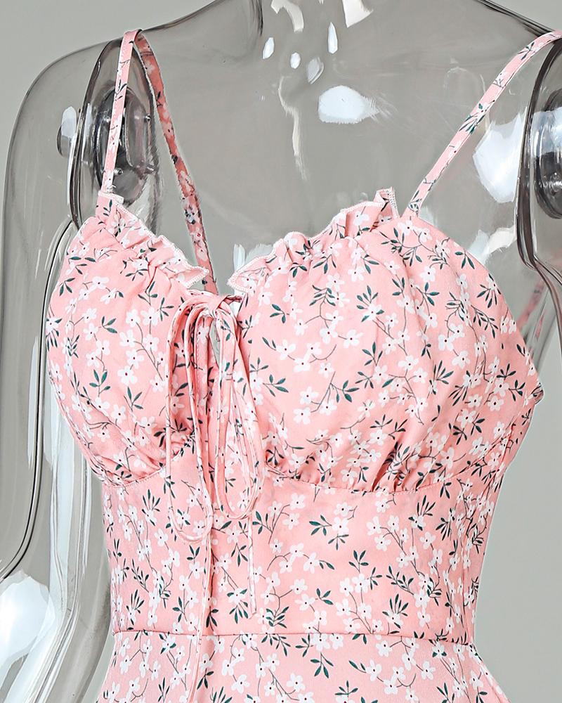 Ditsy Floral  Print Frill Hem Tie Front Dress