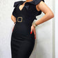 Plunge V Neck Shoulder Ruffles Bodycon Dress Casual Waist Metal Tied Detail Midi Dress