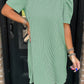 Mint Green Corded Knit Crew Neck Puff Sleeve Shift Mini Dress