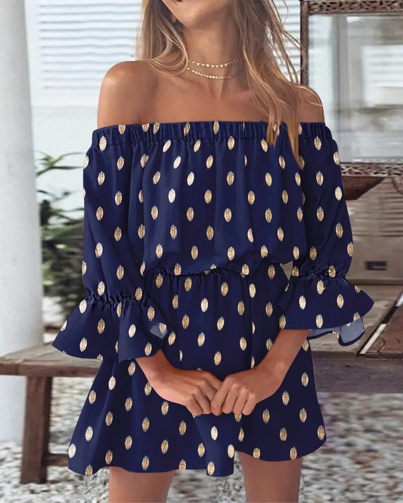 Bronzing Polka Dot Off the Shoulder Bell Sleeve Dress Casual Waist A Line Mini Dress
