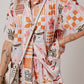 Orange Plant Checkered Print Collared Shirt and Wide Leg Pants Set