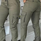 Multiple Pockets Design Cuffed Cargo Pants Slim Fit Trousers