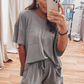 Gray Solid Color Waffle Knit T Shirt and Shorts Set