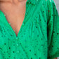Green Flower Embroidered Hollow-out Puff Sleeve Blouse