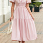 Pink Puff Sleeve Pleated High Waist Flowy Long Dress
