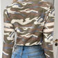 Waffle Knit Camouflage Print Round Neck Long Sleeve Front Zipper Tee Casual Top