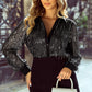 Black Sequin Tasseled Button Up Slim Fit Shirt