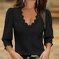 Deep V Neck Contrast Lace Three Quarters Sleeves Tee Casual Shirred & Frill Hem Cuffs Breathable Top