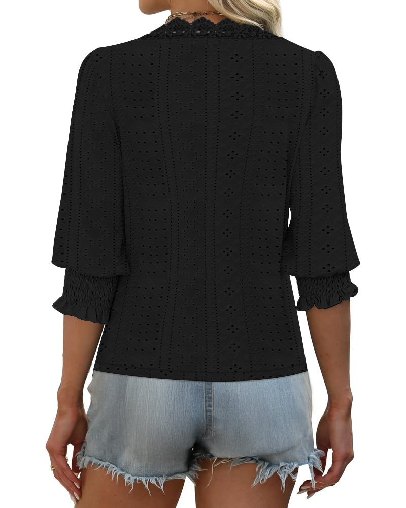 Deep V Neck Contrast Lace Three Quarters Sleeves Tee Casual Shirred & Frill Hem Cuffs Breathable Top