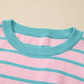 Pink Stripe Trimmed Round Neck Drop Shoulder Loose Sweater
