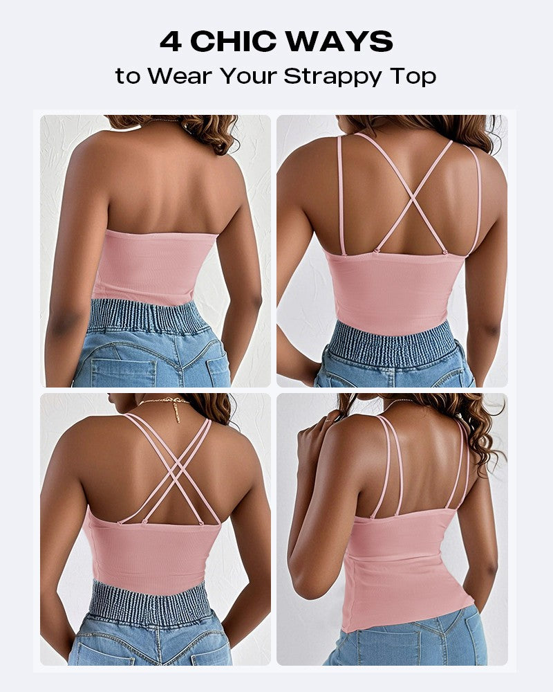 Spaghetti Strap Built in Bra Slim Fit Tank Top Sexy Back Criss Cross Workout Camisole Tops