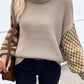 Smoke Gray Striped Plaid Patchwork Waffle Knit Turtleneck Sweater