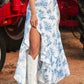 Sky Blue Boho Floral High Waist Ruffle Split Maxi Skirt