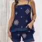 2 Piece Geometric Embroidery Spaghetti Strap Tassel Design Square Neck Top Casual Shorts Set