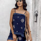 2 Piece Geometric Embroidery Spaghetti Strap Tassel Design Square Neck Top Casual Shorts Set