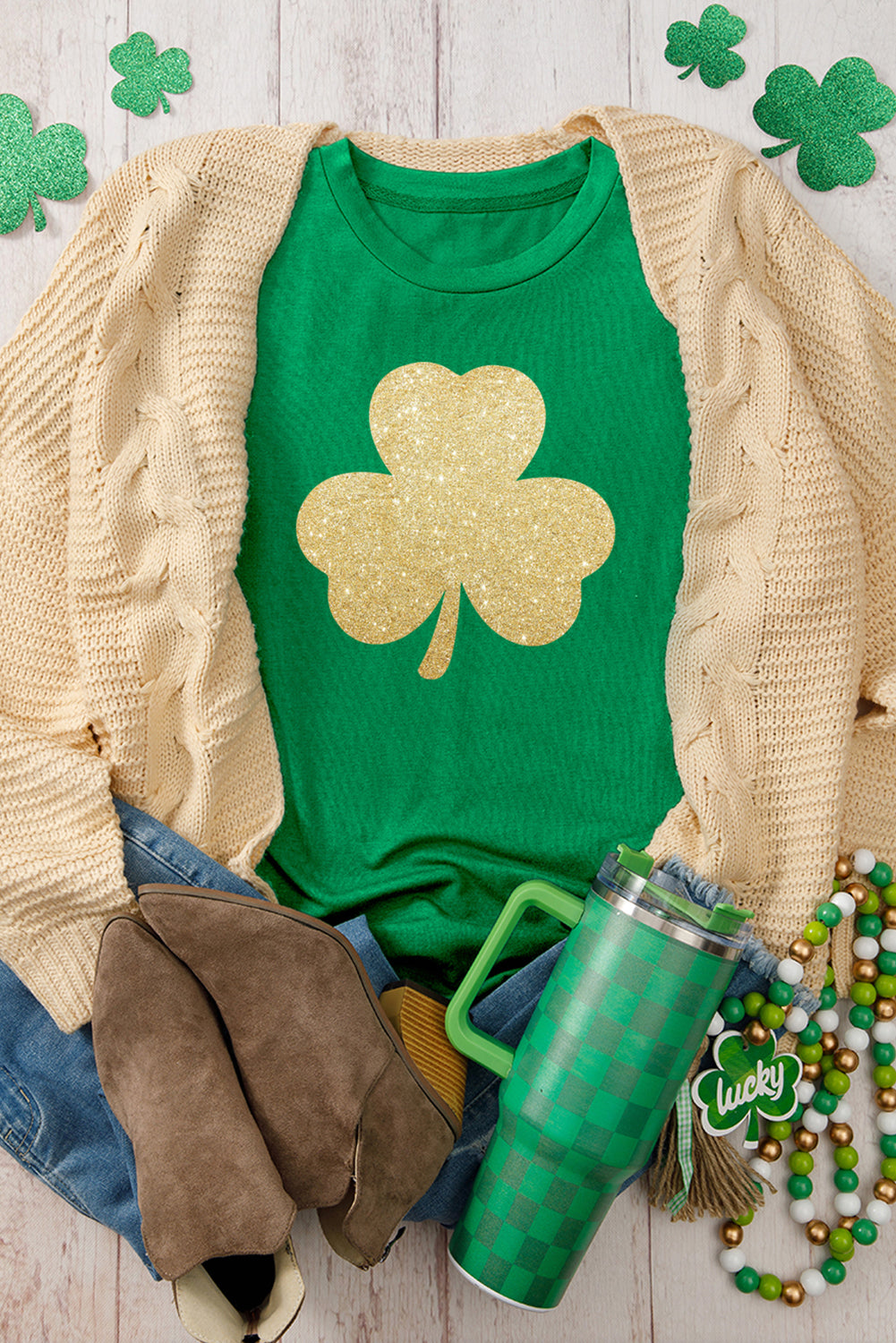 Bright Green Glitter Clover Printed St Patricks Day T Shirt