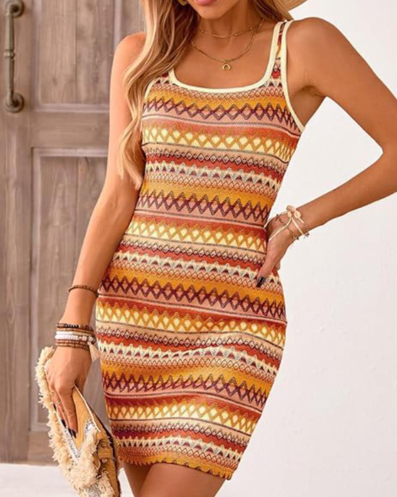Striped Square Neck Sleeveless Sundress Casual Tank Bodycon Mini Beach Boho Dress